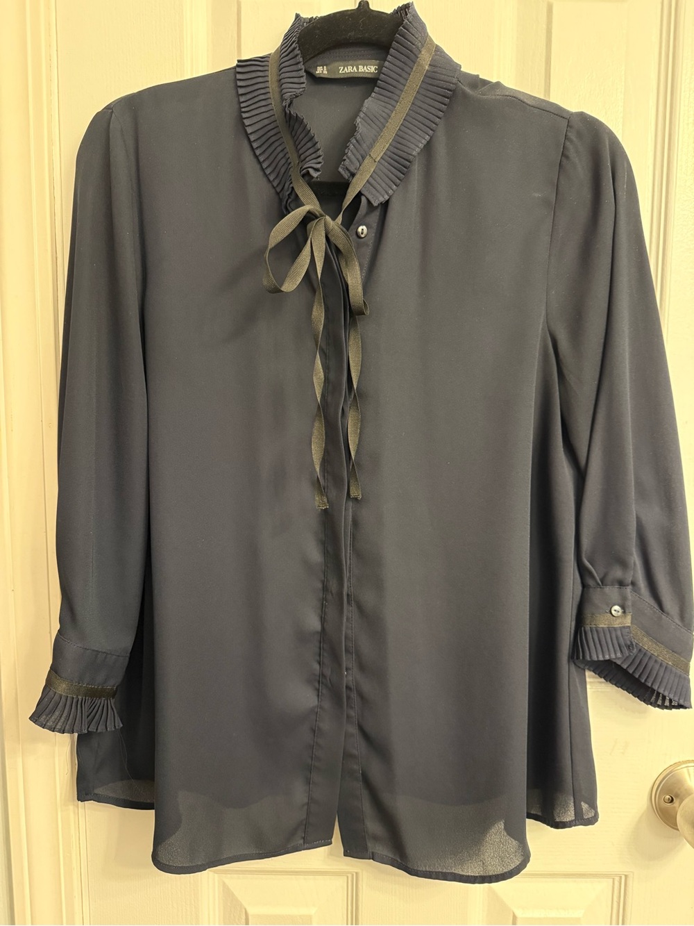 Zara Navy Pleated Ruffle Collar Tie Blouse